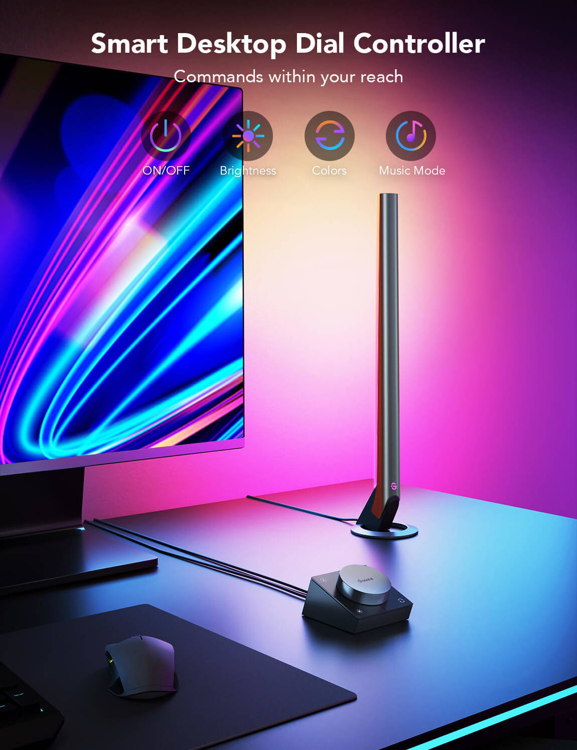 Govee RGBIC Wi-Fi Gaming Light Bars, Smart Dial Controller, RGBIC Technology, 2.4GHz Wi-Fi + Bluetooth Connectivity Govee RGBIC Wi-Fi Gaming Light Bars, Smart Dial Controller, RGBIC Technology, 2.4GHz Wi-Fi + Bluetooth Connectivity
